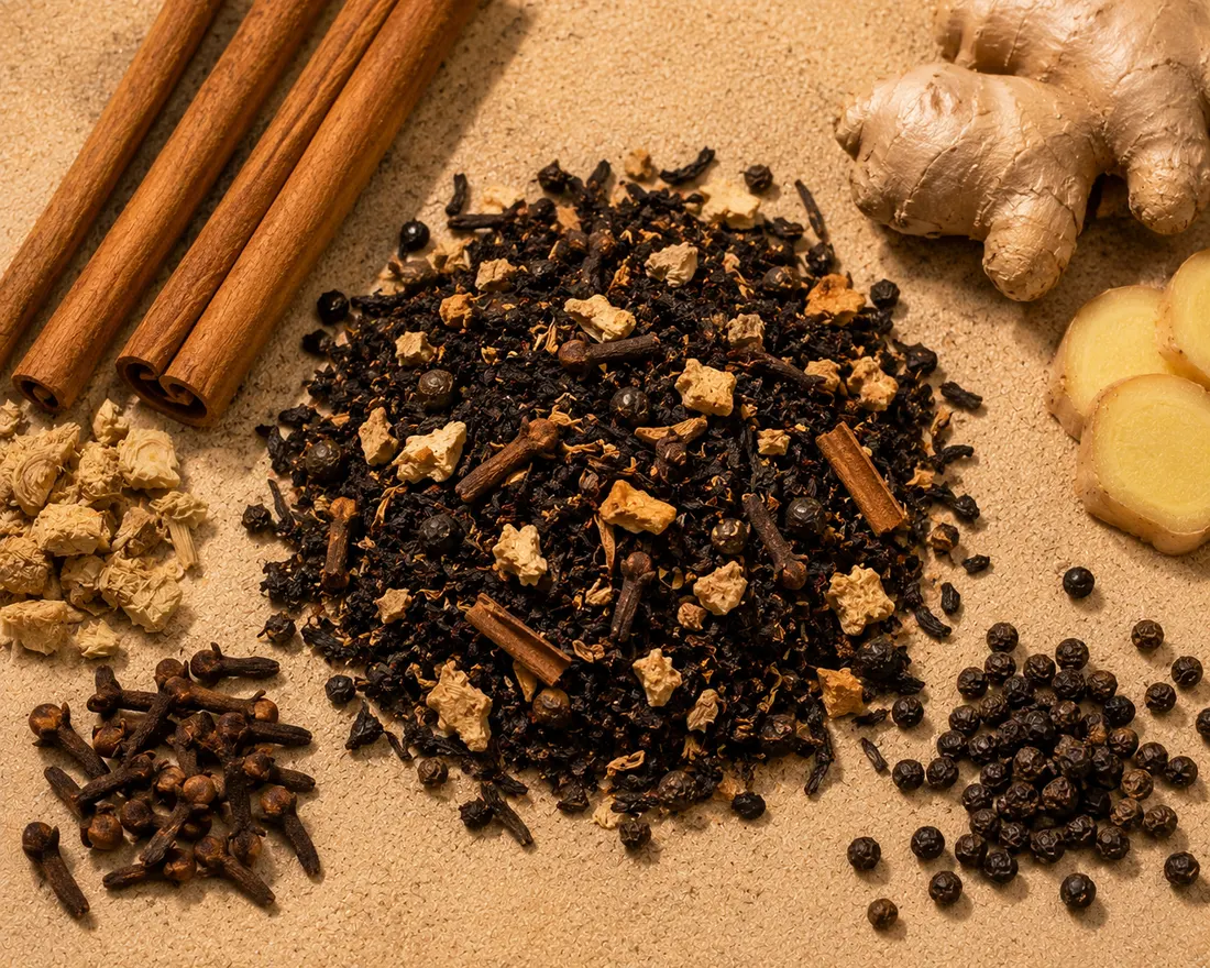 Blend 05 ingredients: Tea, Cinnamon, Pepper, Ginger, Clove, Cinnamon flavouring