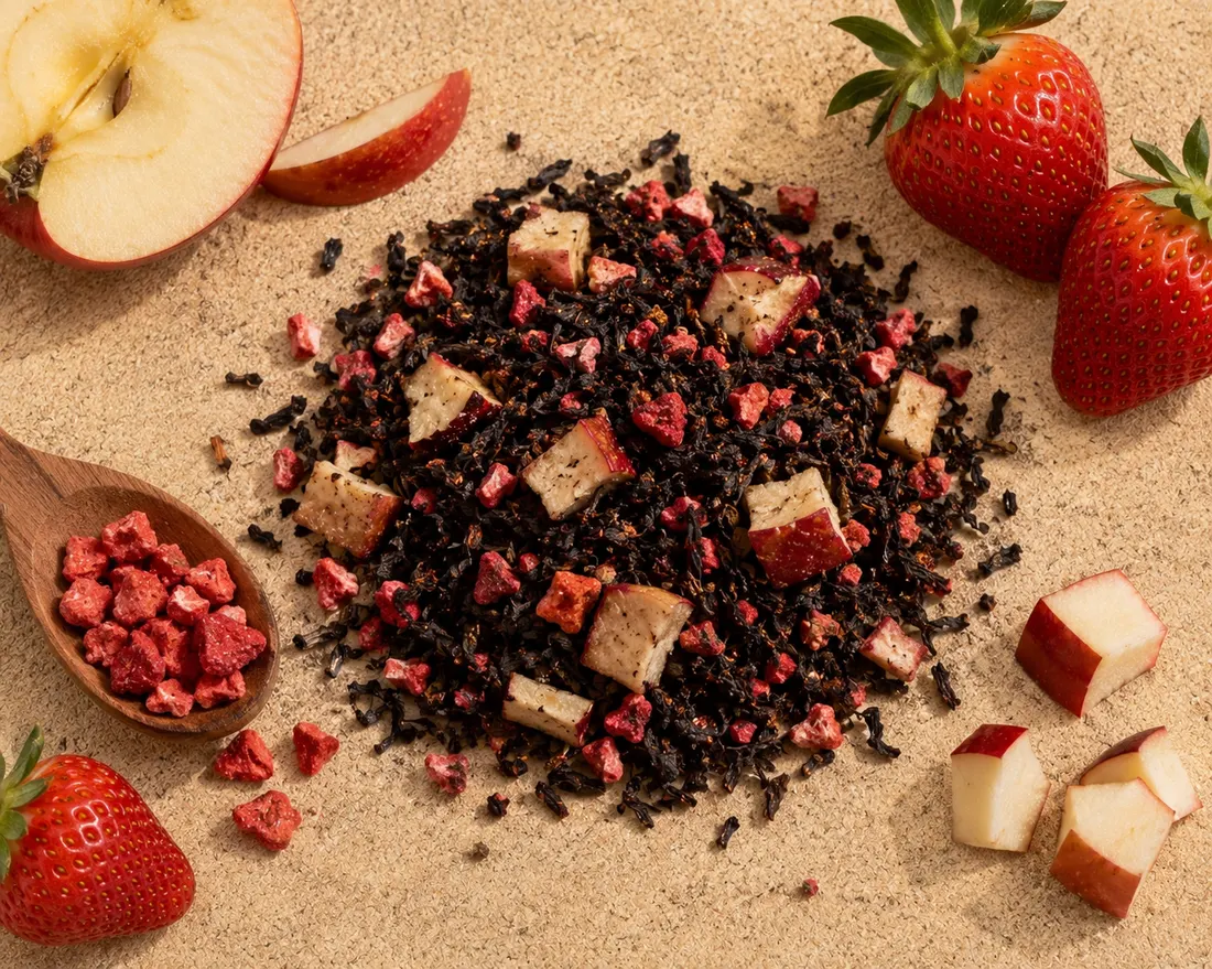 Blend 07 ingredients: Black tea, Apple, Strawberry granules, Strawberry flavouring