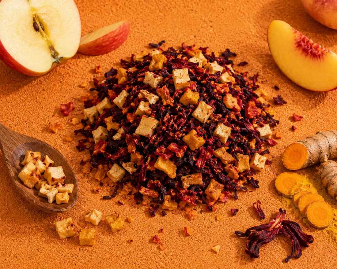 Blend 10 ingredients: Hibiscus, Apple, Turmeric, Peach granules, Strawberry granules