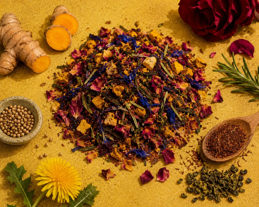 Blend 15 ingredients: Turmeric, Dried rose petals, Hibiscus petals, Blue butterfly flower, Rosemary, Rooibos, Green tea