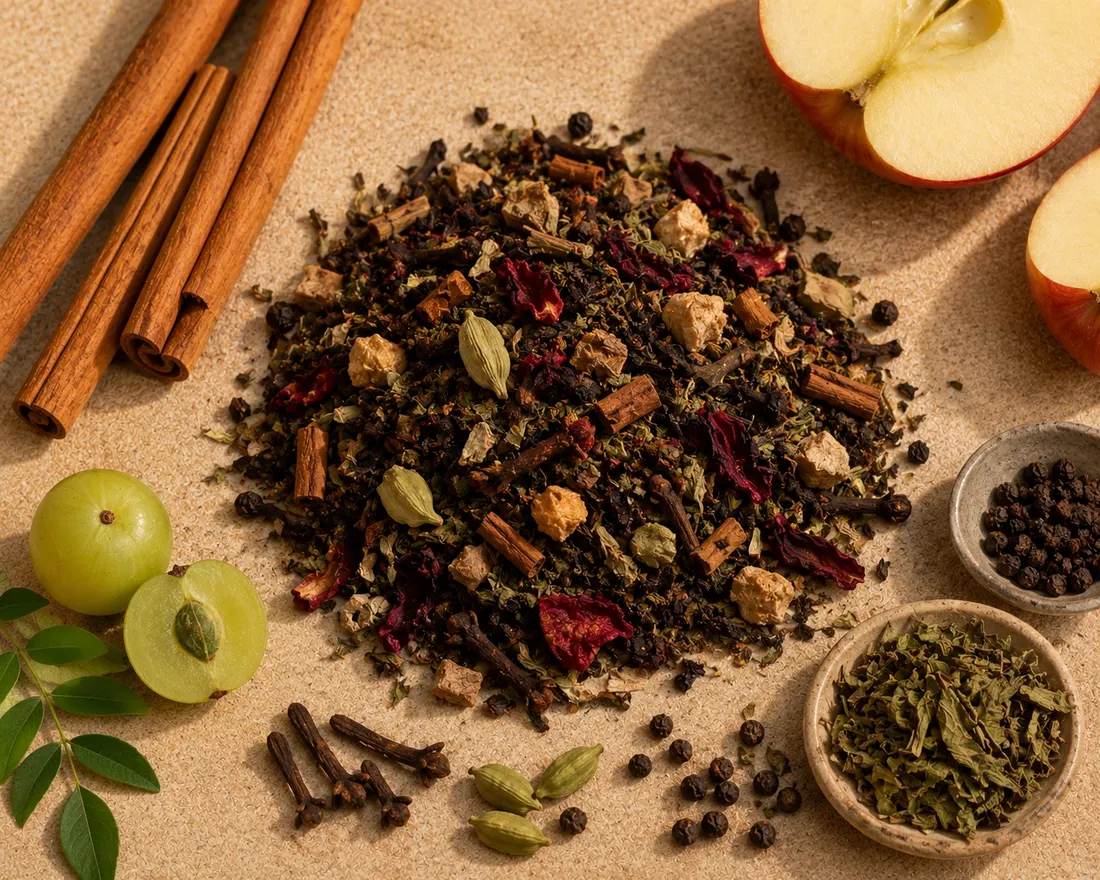 Blend 16 ingredients: Amla pieces, Dried tulsi leaves, Nettle leaves, Clove, Dried cardamom pods, Cinnamon, Hibiscus flower, Dried black pepper