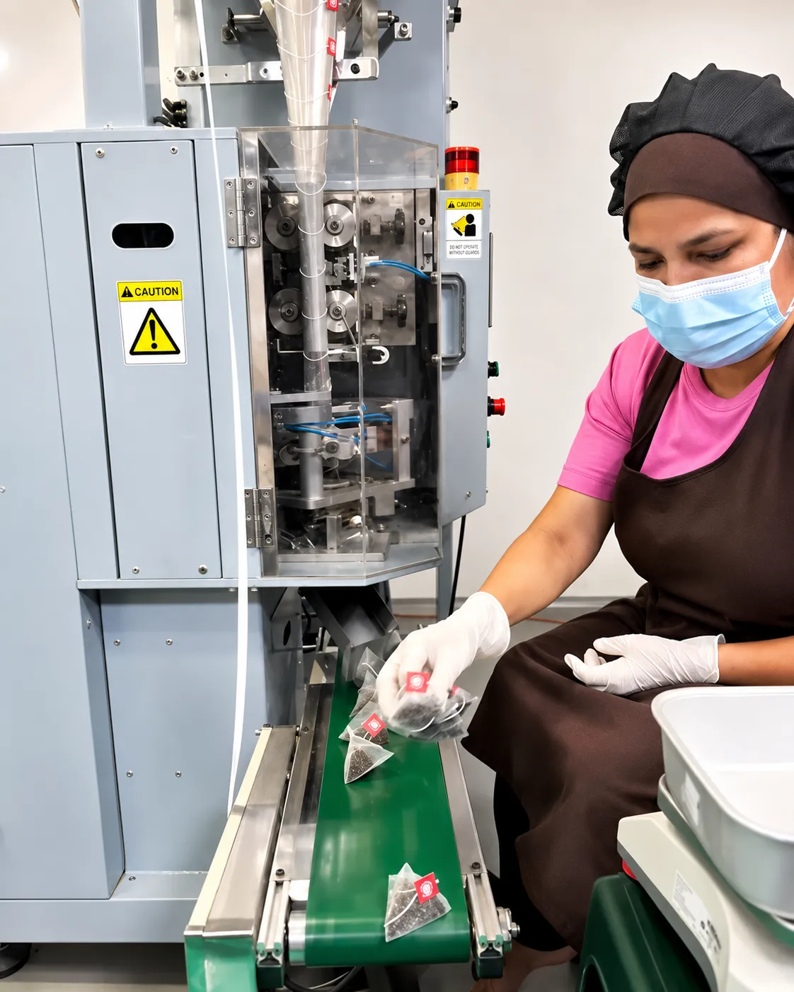 Klense Supply operator running the pyramid tea-bag filling line