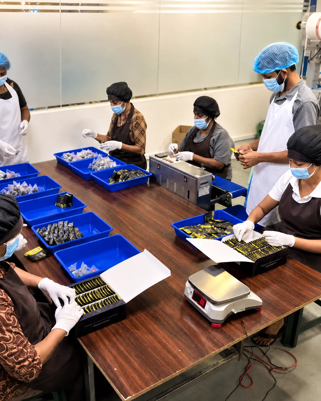 Klense Supply team hand-packing and quality-checking tea sachets